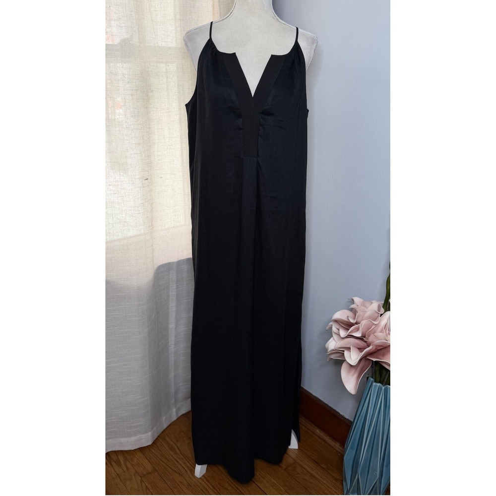 NWT J.Crew 100% Linen Notched V-Neck Maxi Dress Black C7322 Women's Size‎ Medium